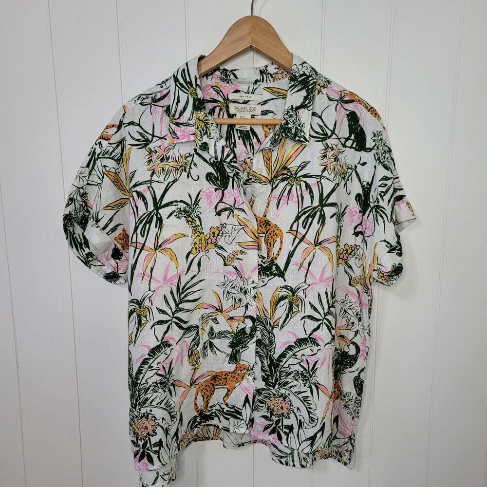 Rachel Zoe Linen Top Womens Size XL Tropical Safari Short Sleeve
